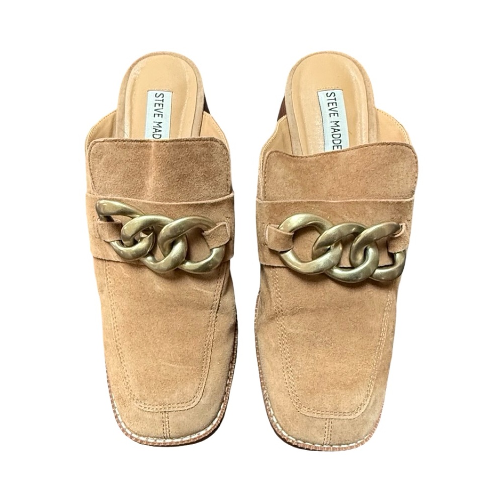 Steve Madden Brown Suede Mules with Gold Chain - Picture 3 of 12